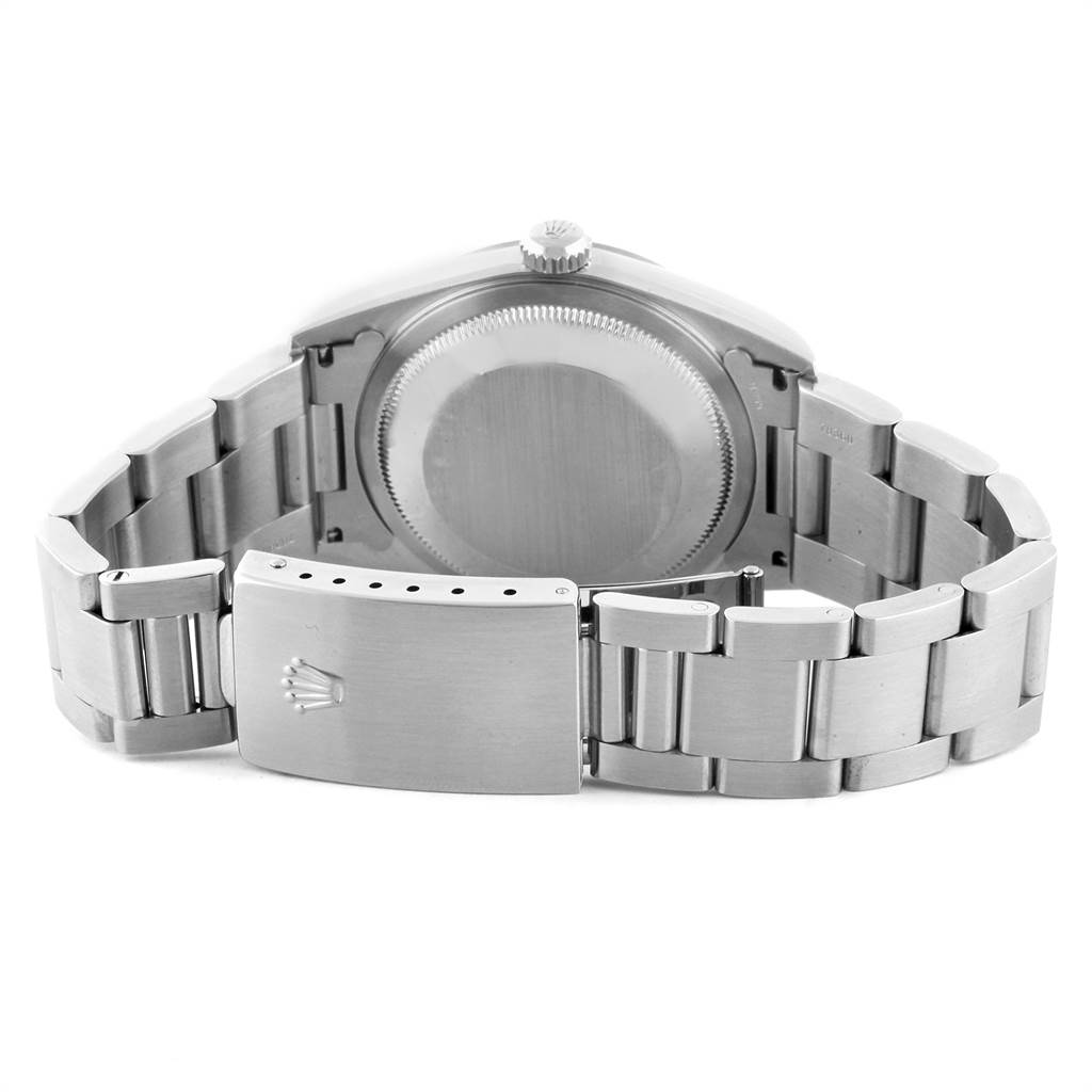 The image shows the back of the Rolex Datejust 16200 Men's Stainless Steel Grey Dial 16200 Men's Stainless Steel Grey Dial watch with its bracelet and clasp.