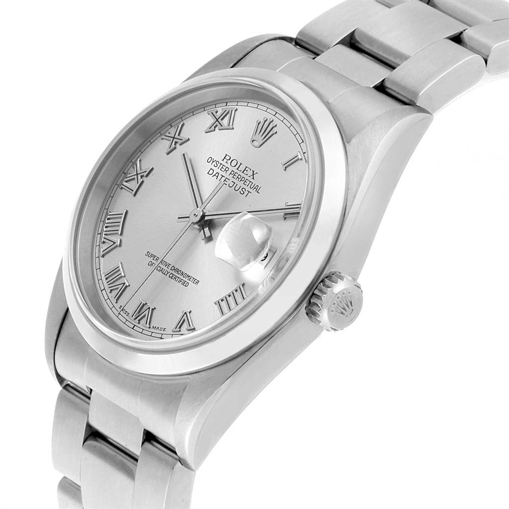 The image shows a close-up angled view of the Rolex Datejust 16200 Men's Stainless Steel Grey Dial 16200 Men's Stainless Steel Grey Dial watch, highlighting the face, bezel, crown, and part of the bracelet.