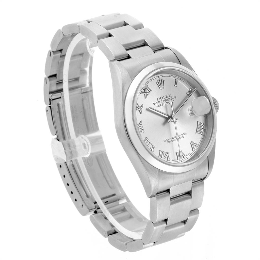 This image shows a Rolex Datejust 16200 Men's Stainless Steel Grey Dial 16200 Men's Stainless Steel Grey Dial model from a three-quarter angle, highlighting the face, bezel, and bracelet.