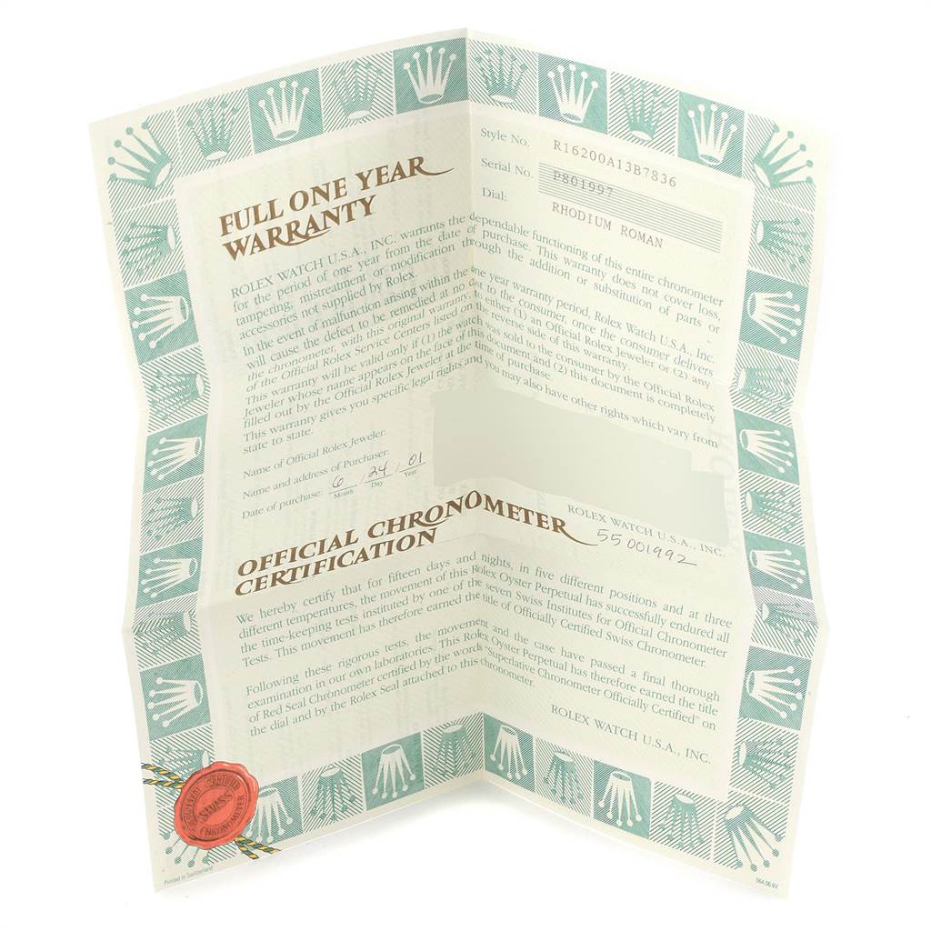 The image shows the warranty and chronometer certification papers for a Rolex Datejust 16200 Men's Stainless Steel Grey Dial 16200 Men's Stainless Steel Grey Dial watch, displayed flat.