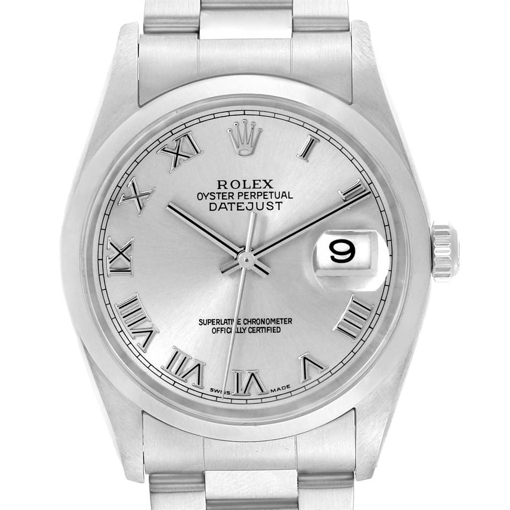 The image shows a frontal view of a Rolex Datejust 16200 Men's Stainless Steel Grey Dial 16200 Men's Stainless Steel Grey Dial watch, highlighting its silver dial, Roman numerals, and date window with cyclops.