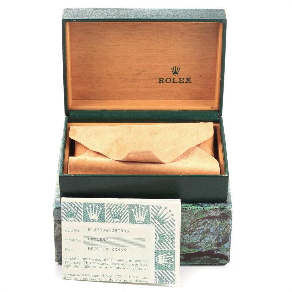 This image shows a Rolex Datejust 16200 Men's Stainless Steel Grey Dial 16200 Men's Stainless Steel Grey Dial watch box and warranty card from a front angle.