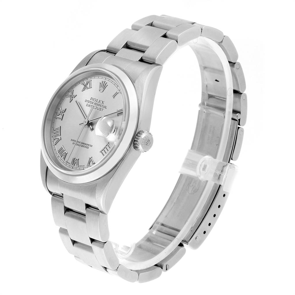 This Rolex Datejust 16200 Men's Stainless Steel Grey Dial 16200 Men's Stainless Steel Grey Dial watch is shown from an angled side view, highlighting the bracelet, case, dial, and crown.