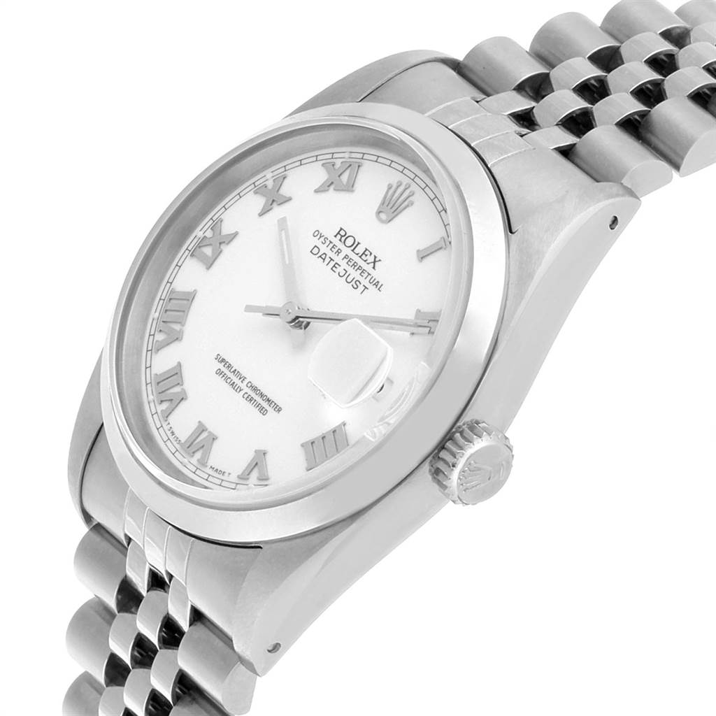The Rolex Datejust 16200 Men's Stainless Steel White Dial 16200 Men's Stainless Steel White Dial watch is shown at a 3/4 angle, highlighting the dial, crown, and part of the bracelet.