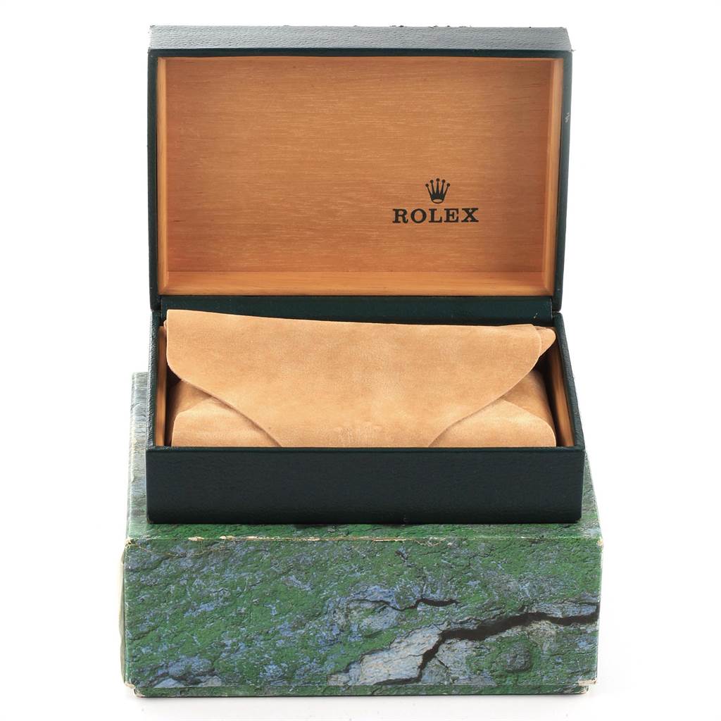 The image shows a Rolex Datejust 16200 Men's Stainless Steel White Dial 16200 Men's Stainless Steel White Dial watch box at a front angle, with an interior protective cover inside the box.