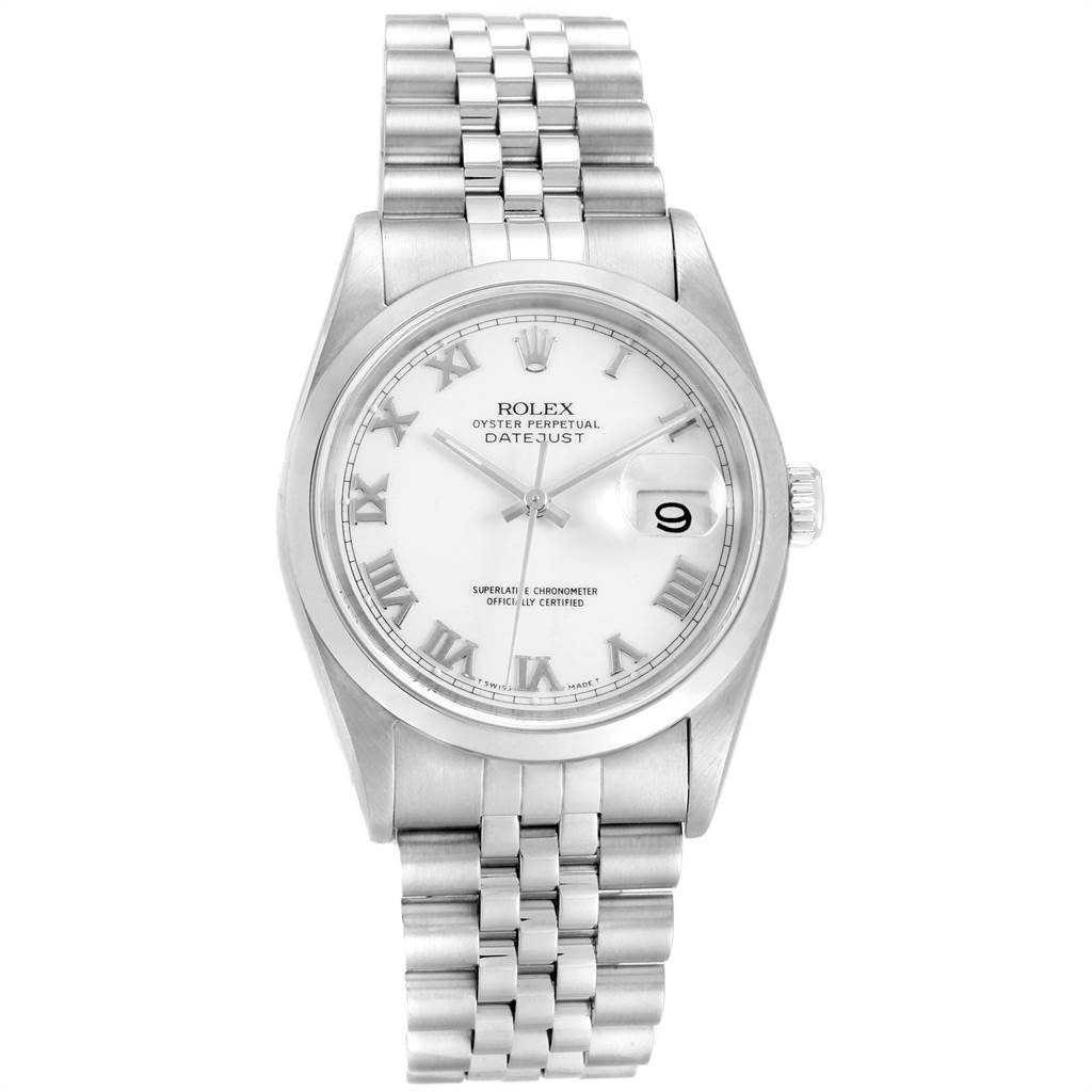 The image shows a front view of a Rolex Datejust 16200 Men's Stainless Steel White Dial 16200 Men's Stainless Steel White Dial watch, highlighting the dial, bracelet, and date window.