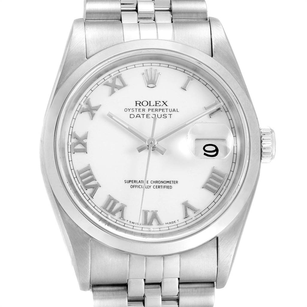This image shows a front view of the Rolex Datejust 16200 Men's Stainless Steel White Dial 16200 Men's Stainless Steel White Dial watch displaying the dial, bezel, and part of the bracelet.