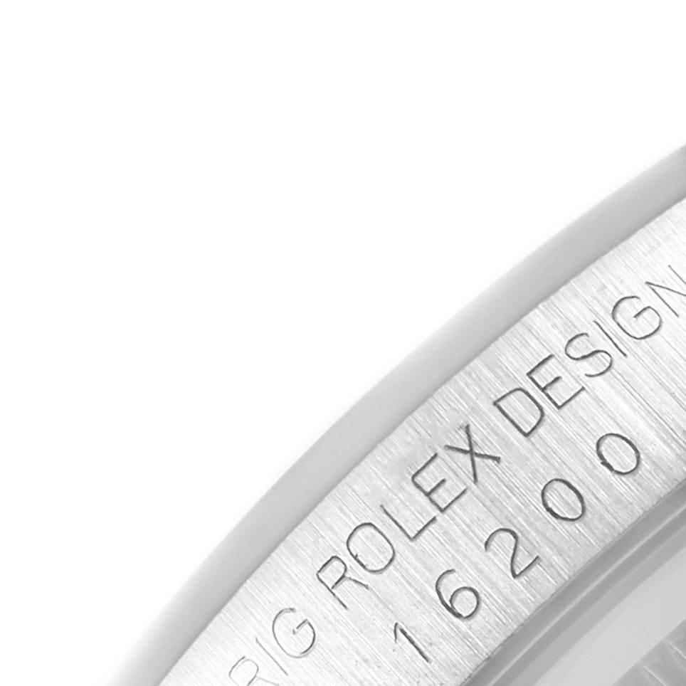 This image shows a close-up of the serial engraving on the case of a Rolex Datejust 16200 Men's Stainless Steel White Dial 16200 Men's Stainless Steel White Dial watch, focusing on the model number 16200.