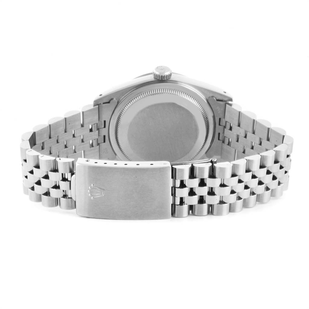 The image shows the back view of a Rolex Datejust 16200 Men's Stainless Steel White Dial 16200 Men's Stainless Steel White Dial watch, highlighting the case back and Jubilee bracelet.