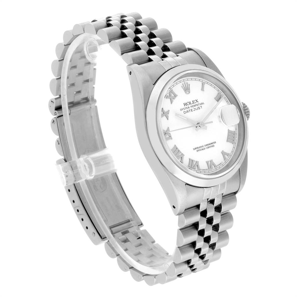 The image shows a Rolex Datejust 16200 Men's Stainless Steel White Dial 16200 Men's Stainless Steel White Dial watch at a three-quarter angle, highlighting its face, crown, and bracelet.