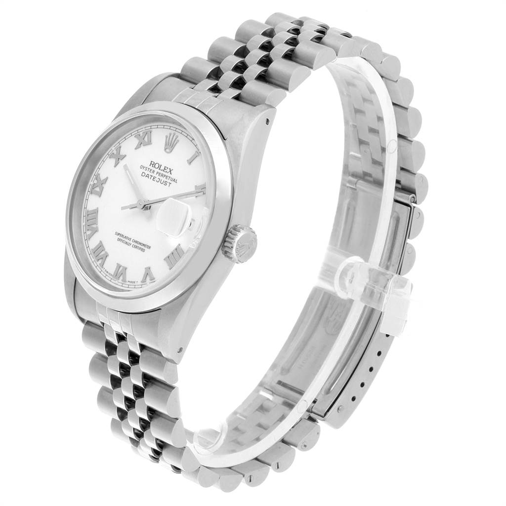 The Rolex Datejust 16200 Men's Stainless Steel White Dial 16200 Men's Stainless Steel White Dial watch is displayed at a slight side angle, showing its dial, bracelet, and crown.