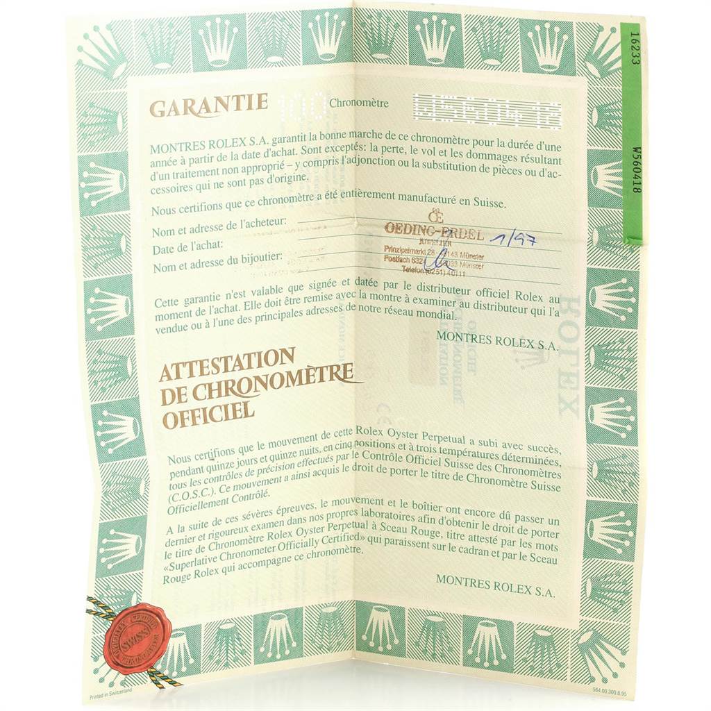 This image shows the official warranty and chronometer certification for a Rolex Datejust 16233 Men's Steel and Gold (two tone) Blue Dial 16233 Men's Steel and Gold (two tone) Blue Dial watch.