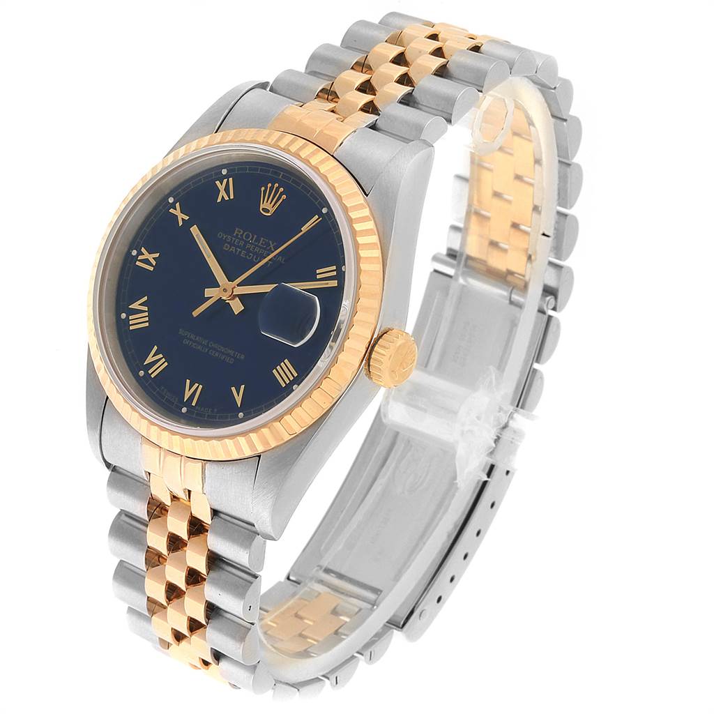 The Rolex Datejust 16233 Men's Steel and Gold (two tone) Blue Dial 16233 Men's Steel and Gold (two tone) Blue Dial watch is shown at a three-quarter angle, displaying the face, bezel, crown, and bracelet.