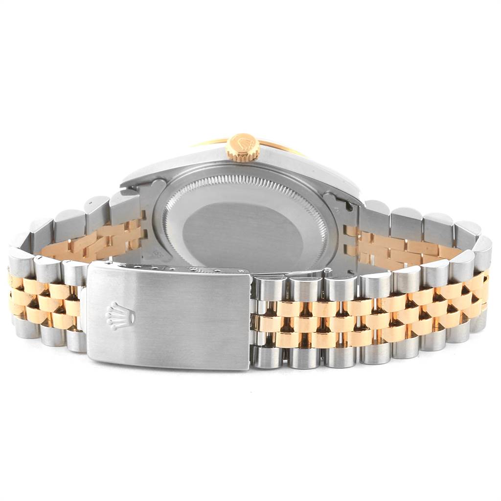 The image shows the back view of a Rolex Datejust 16233 Men's Steel and Gold (two tone) Blue Dial 16233 Men's Steel and Gold (two tone) Blue Dial watch, focusing on the clasp and bracelet.