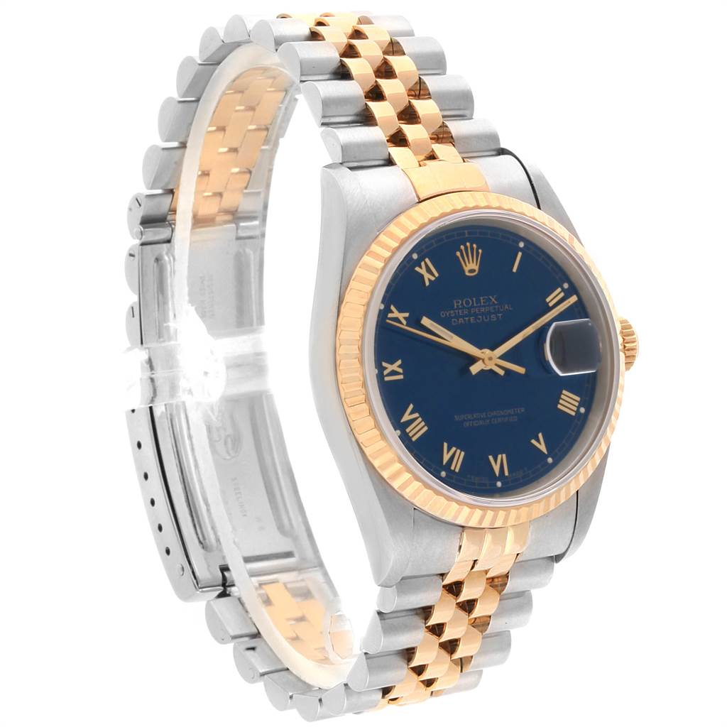 This image shows a Rolex Datejust 16233 Men's Steel and Gold (two tone) Blue Dial 16233 Men's Steel and Gold (two tone) Blue Dial watch at an angled side view, highlighting its blue dial, two-tone gold, and steel bracelet.
