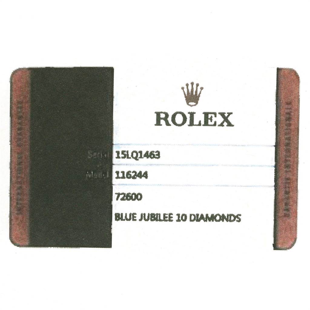 This image shows a certification or warranty card for a Rolex Datejust 116244 Men's Stainless Steel Blue Dial 116244 Men's Stainless Steel Blue Dial model.