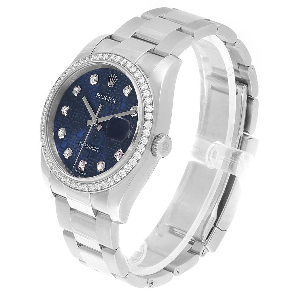 This image shows a Rolex Datejust 116244 Men's Stainless Steel Blue Dial 116244 Men's Stainless Steel Blue Dial watch from an angled side view, highlighting the face, bezel, and bracelet.