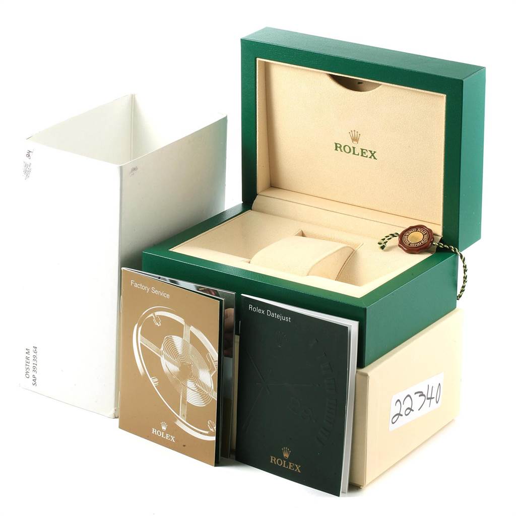 The image shows the packaging, manual, and accessories for a Rolex Datejust 116244 Men's Stainless Steel Blue Dial 116244 Men's Stainless Steel Blue Dial watch.