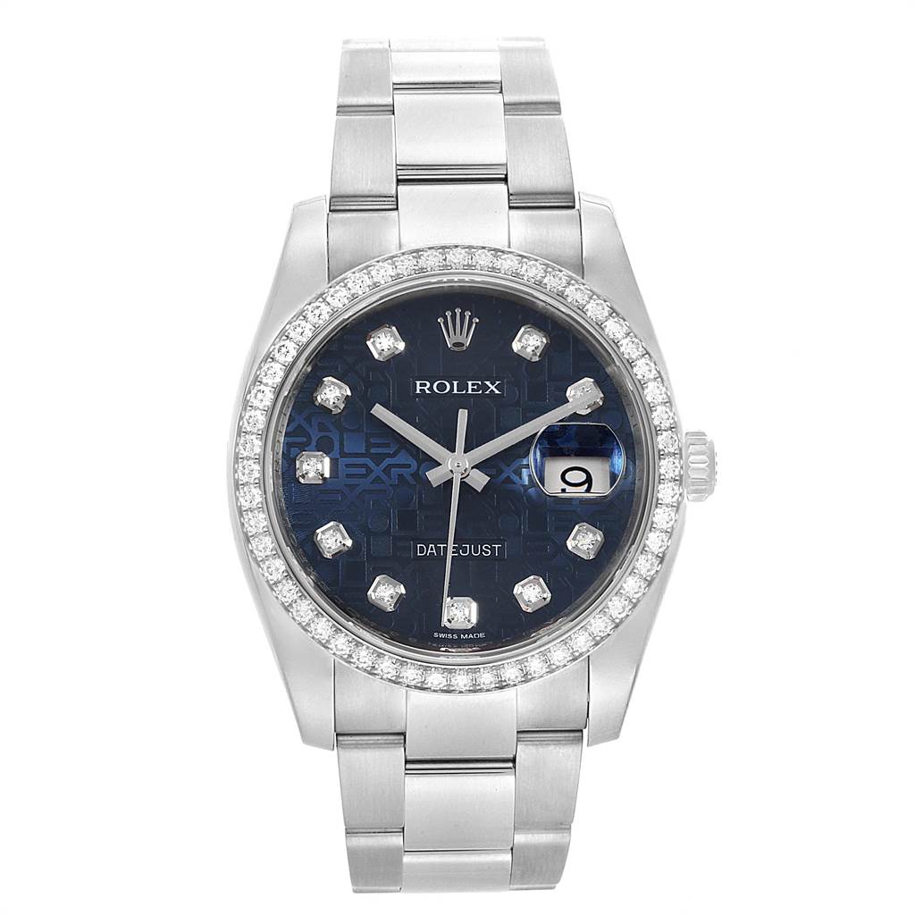 The image shows a Rolex Datejust 116244 Men's Stainless Steel Blue Dial 116244 Men's Stainless Steel Blue Dial watch from a straight-on angle, highlighting the dial, bezel, and bracelet.
