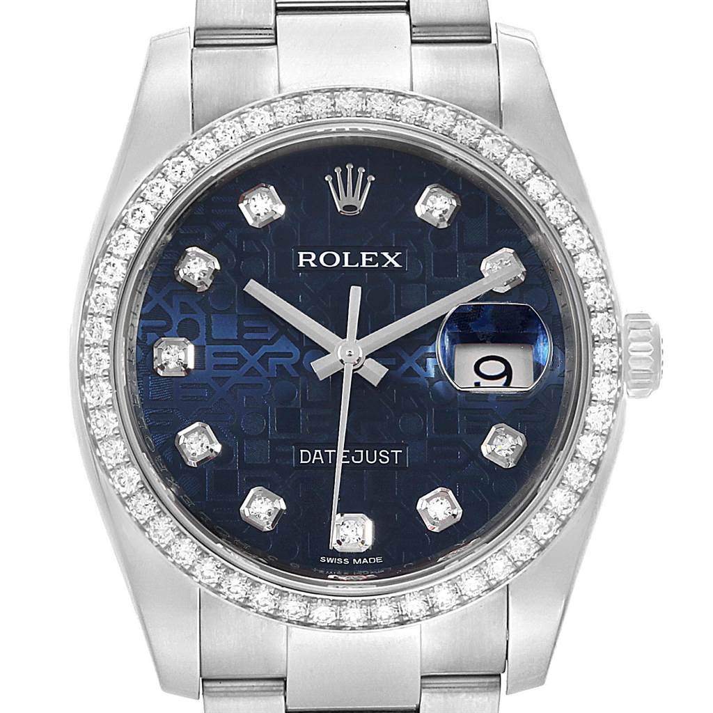 The close-up of the Rolex Datejust 116244 Men's Stainless Steel Blue Dial 116244 Men's Stainless Steel Blue Dial watch shows the face, bezel, and part of the bracelet at a straight-on angle.