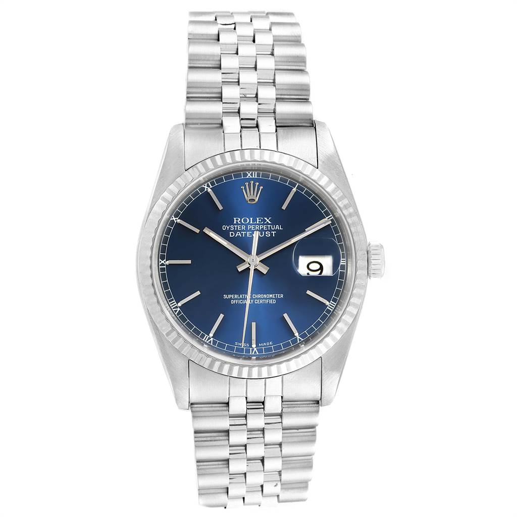This image shows a front angle of the Rolex Datejust 16234 Men
s Stainless Steel Blue Dial 16234 Men
s Stainless Steel Blue Dial watch, highlighting its blue dial, fluted bezel, and jubilee bracelet.