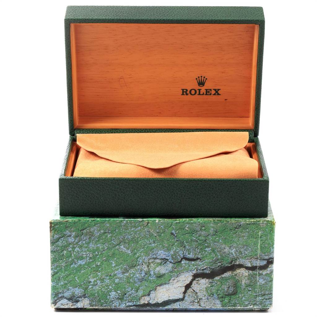 This image shows an open Rolex Datejust 16234 Men
s Stainless Steel Blue Dial 16234 Men
s Stainless Steel Blue Dial watch box with a protective cover inside, photographed from the front.