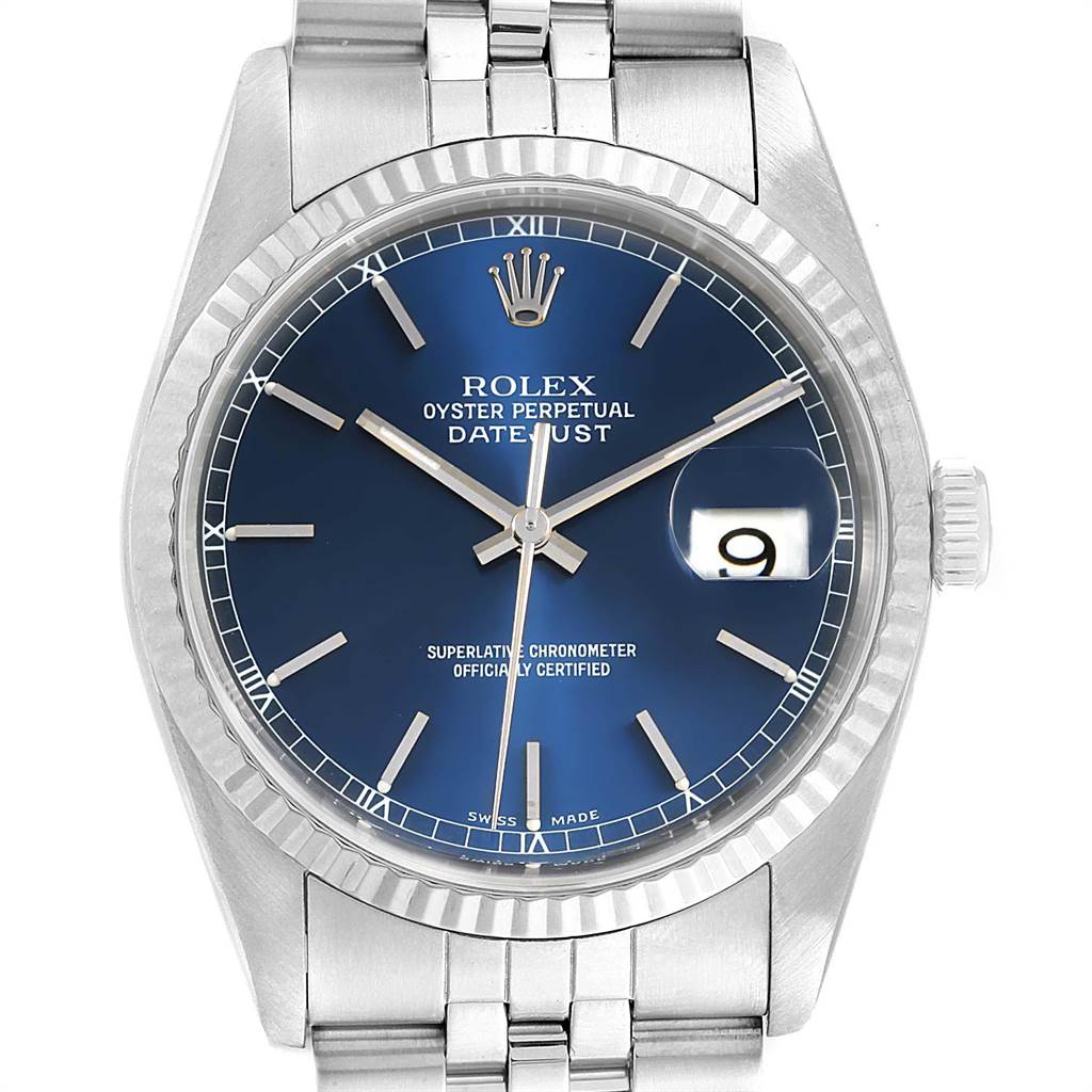 The image shows the front view of a Rolex Datejust 16234 Men
s Stainless Steel Blue Dial 16234 Men
s Stainless Steel Blue Dial watch with a blue dial and a stainless steel bracelet.
