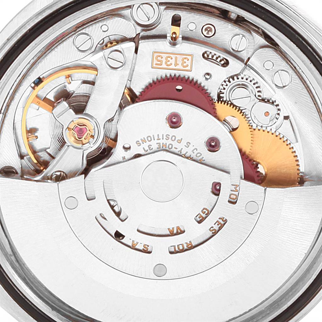 This is a close-up view of the movement mechanism of a Rolex Datejust 16234 Men
s Stainless Steel Blue Dial 16234 Men
s Stainless Steel Blue Dial watch, showcasing its intricate gears and components.