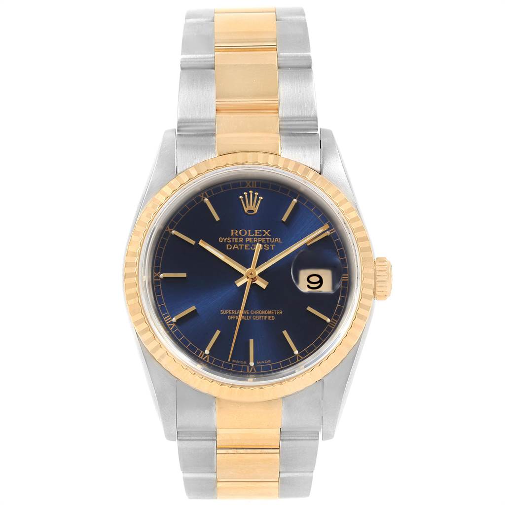 The image shows a frontal view of a Rolex Datejust 16233 Men's Steel and Gold (two tone) Blue Dial 16233 Men's Steel and Gold (two tone) Blue Dial watch, highlighting its two-tone bracelet, blue dial, and date feature.