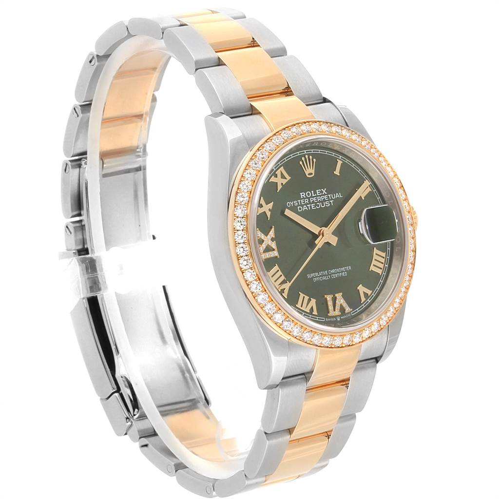 This Rolex Datejust 126283 Men's Steel and Gold (two tone) Green Dial 126283 Men's Steel and Gold (two tone) Green Dial watch is shown at an oblique angle, highlighting its two-tone band, green dial, and diamond bezel.
