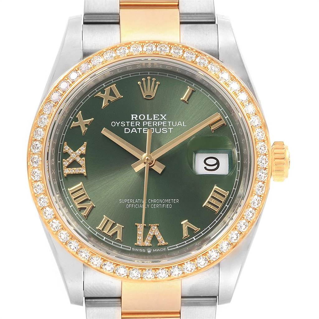 This image shows a front view of a Rolex Datejust 126283 Men's Steel and Gold (two tone) Green Dial 126283 Men's Steel and Gold (two tone) Green Dial watch with a gold and silver band, diamond-encrusted bezel, and green Roman numeral dial.