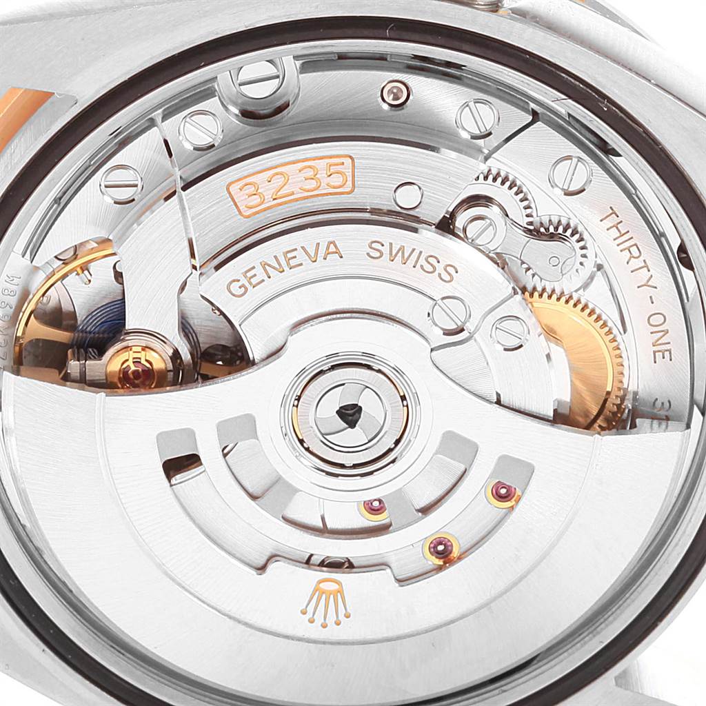 This image shows the intricate inner movement of the Rolex Datejust 126283 Men's Steel and Gold (two tone) Green Dial 126283 Men's Steel and Gold (two tone) Green Dial model, focusing on the caliber 3235.