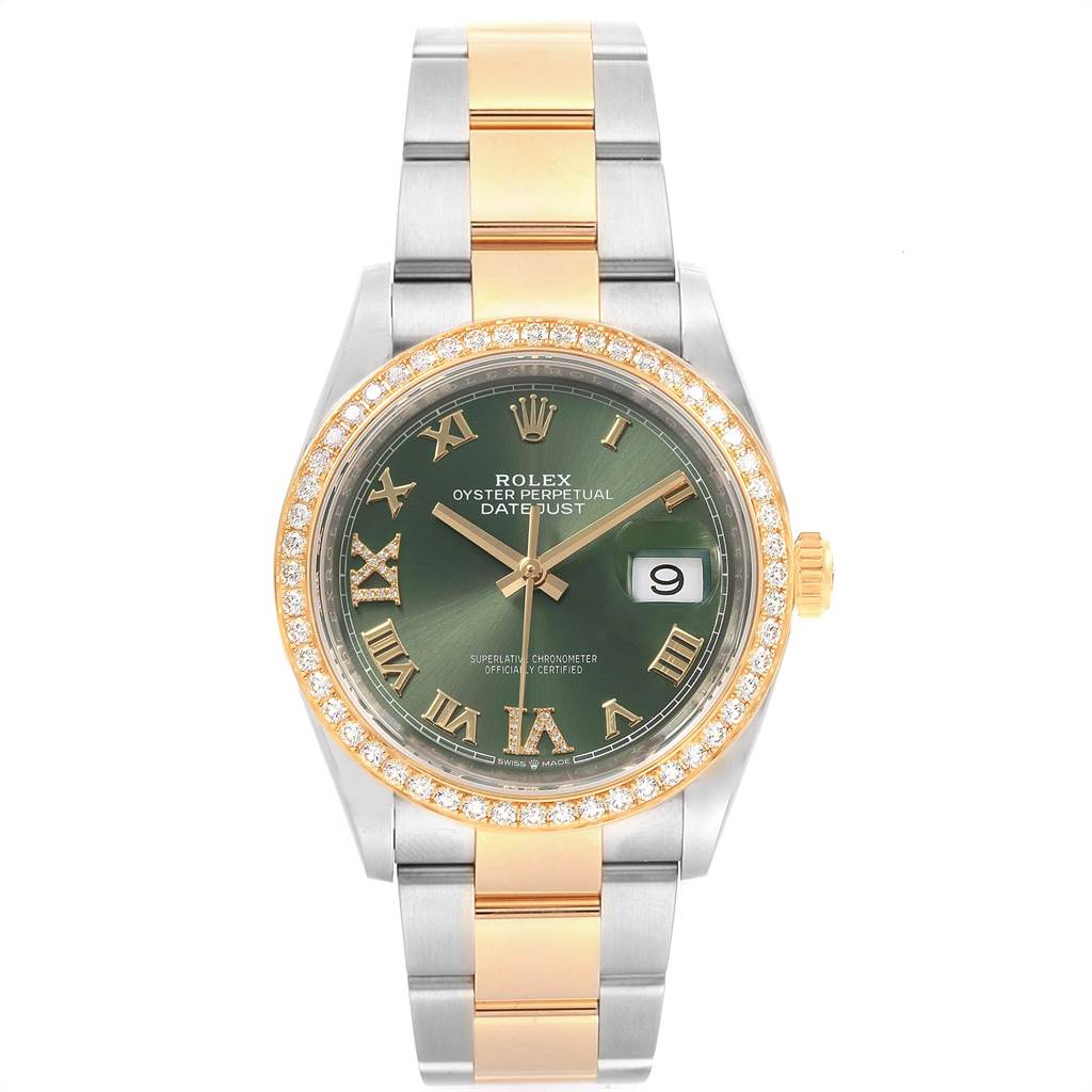 The Rolex Datejust 126283 Men's Steel and Gold (two tone) Green Dial 126283 Men's Steel and Gold (two tone) Green Dial watch is shown from a top-down angle, featuring a green dial, diamond bezel, and two-tone bracelet.