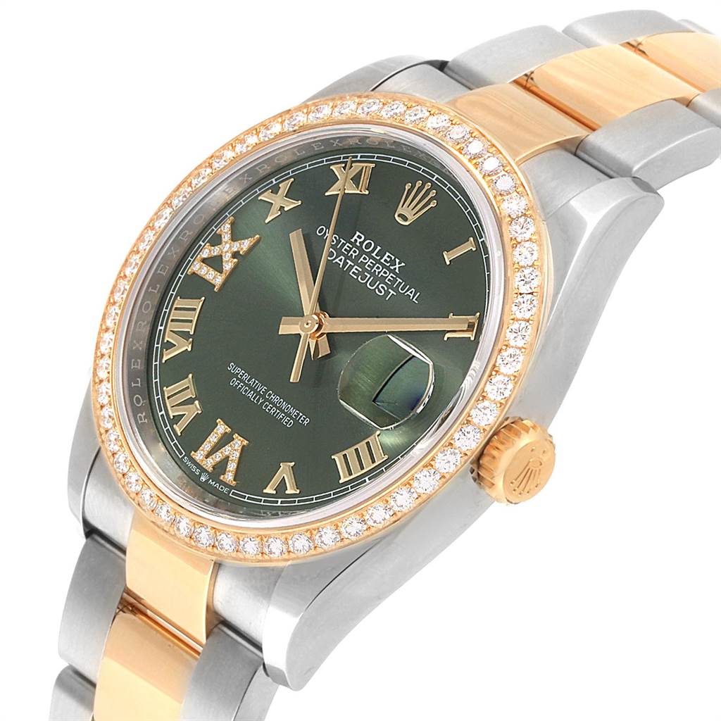 The image shows a Rolex Datejust 126283 Men's Steel and Gold (two tone) Green Dial 126283 Men's Steel and Gold (two tone) Green Dial watch at an oblique angle, highlighting the dial, bezel, crown, and part of the bracelet.