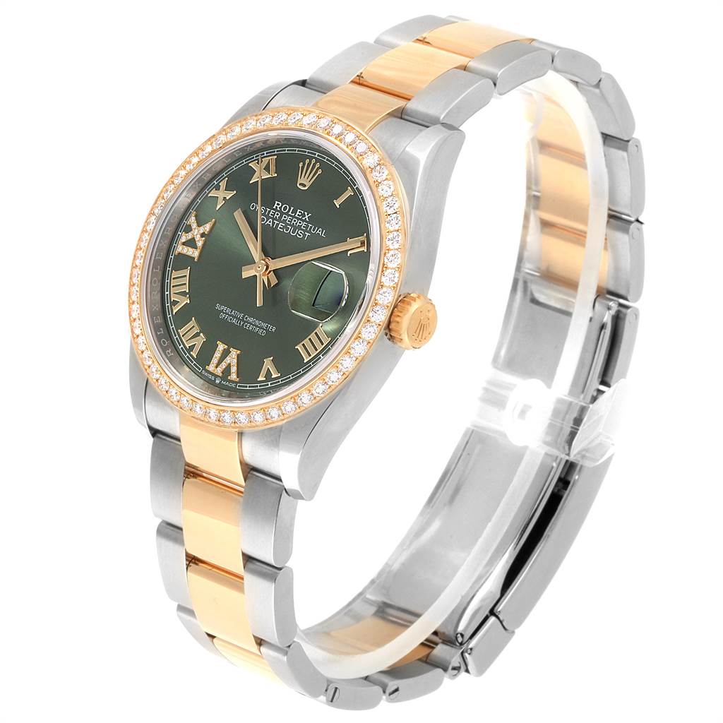 The Rolex Datejust 126283 Men's Steel and Gold (two tone) Green Dial 126283 Men's Steel and Gold (two tone) Green Dial watch is shown at a slight angle, displaying its green dial, gold Roman numerals, bracelet, and diamond-set bezel.
