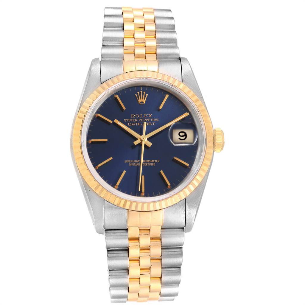 The image shows a front view of a Rolex Datejust 16233 Men
s Steel and Gold (two tone) Blue Dial 16233 Men
s Steel and Gold (two tone) Blue Dial watch with a two-tone bracelet and a blue dial.