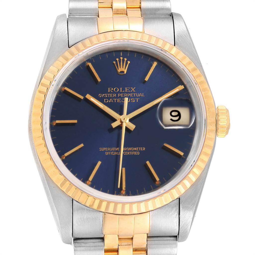 This image shows a front view of a Rolex Datejust 16233 Men
s Steel and Gold (two tone) Blue Dial 16233 Men
s Steel and Gold (two tone) Blue Dial watch featuring a blue dial, two-tone bracelet, and gold fluted bezel.