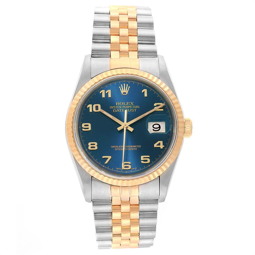 The image shows a front view of a Rolex Datejust 16233 Men's Steel and Gold (two tone) Blue Dial 16233 Men's Steel and Gold (two tone) Blue Dial watch with a two-tone bracelet and a blue dial.