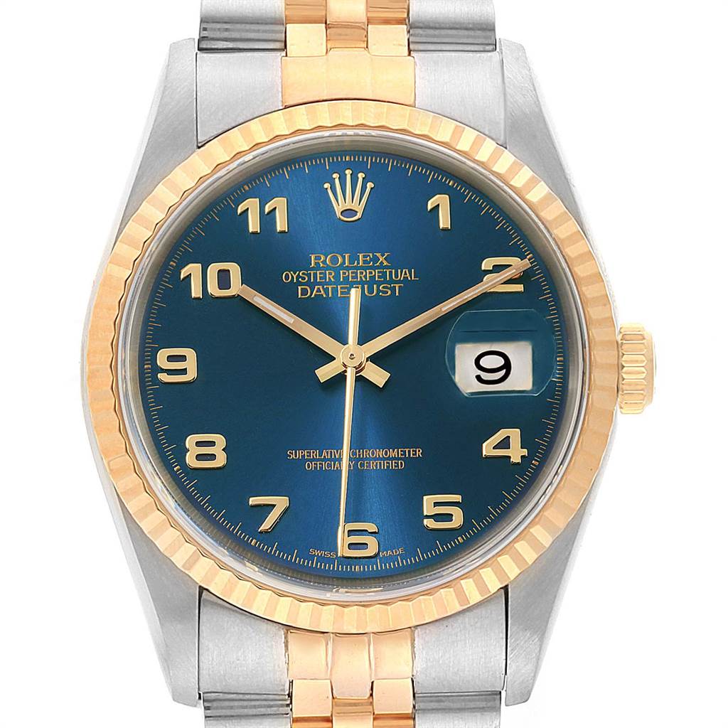 The image shows a front view of a Rolex Datejust 16233 Men's Steel and Gold (two tone) Blue Dial 16233 Men's Steel and Gold (two tone) Blue Dial watch, highlighting its blue dial, gold hour markers, date function, and two-tone bracelet.