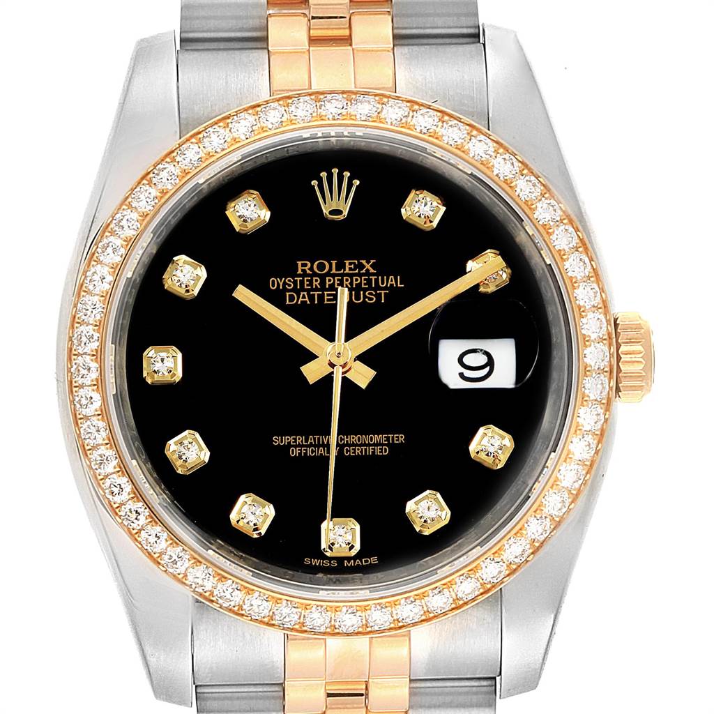 This is a front view of a Rolex Datejust 116243 Men's Stainless Steel Black Dial 116243 Men's Stainless Steel Black Dial watch, displaying the face, bezel, and partial bracelet, featuring a black dial and diamond hour markers.