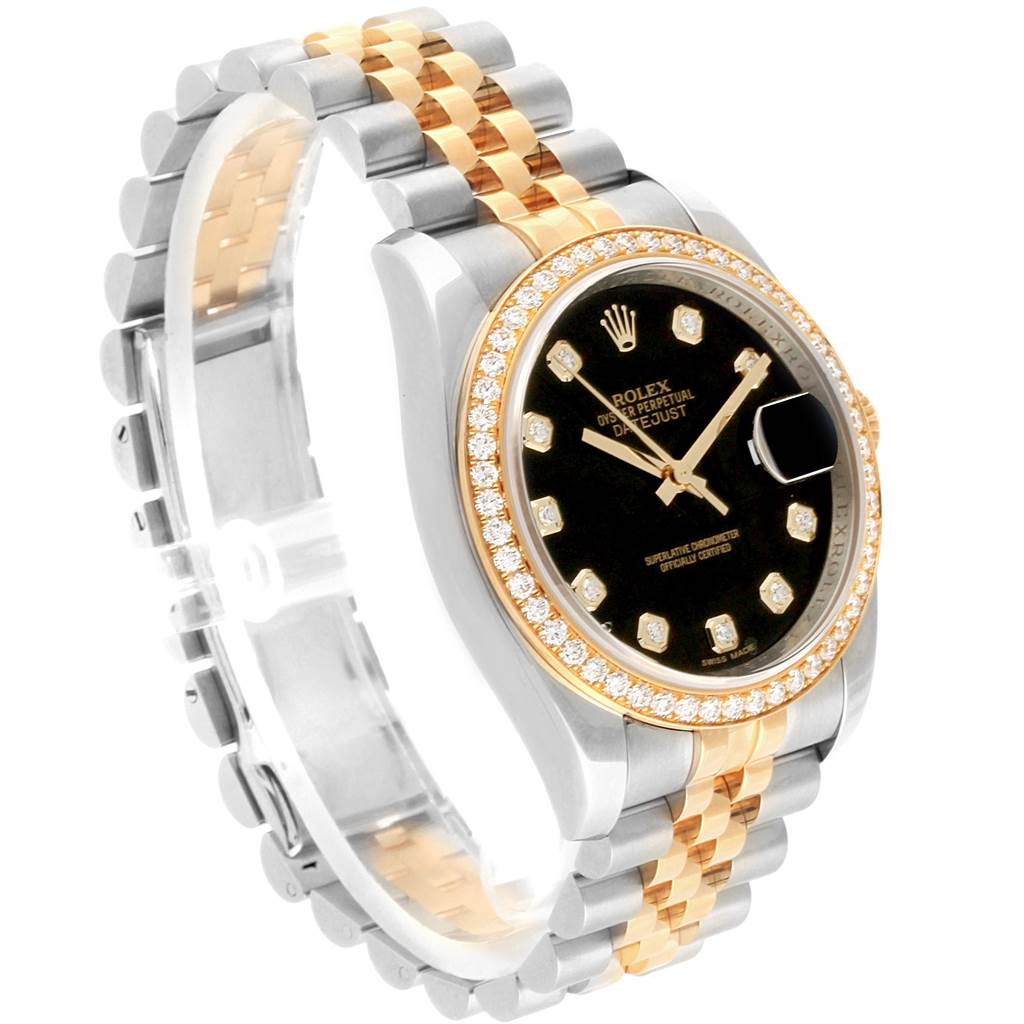 The image showcases a Rolex Datejust 116243 Men's Stainless Steel Black Dial 116243 Men's Stainless Steel Black Dial watch at a three-quarter angle, highlighting its bezel, bracelet, and diamond-studded black dial.