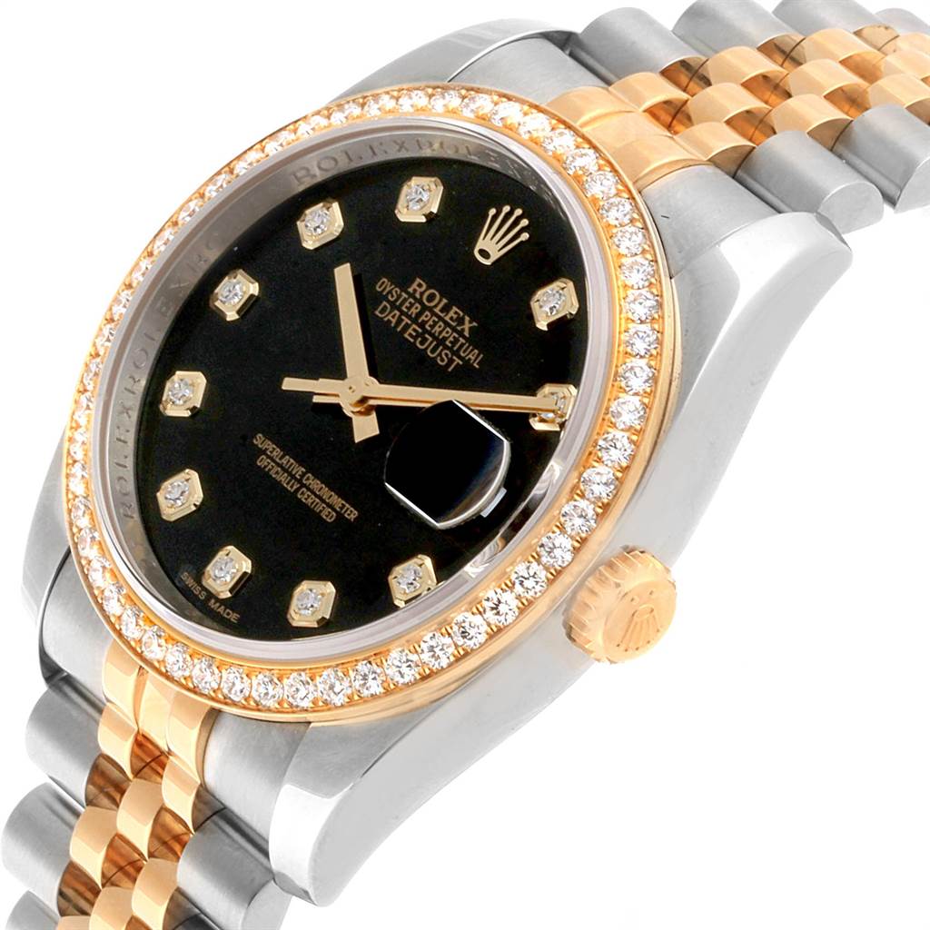 The image shows a close-up angled view of a Rolex Datejust 116243 Men's Stainless Steel Black Dial 116243 Men's Stainless Steel Black Dial watch displaying its face, bezel, crown, and part of the bracelet.