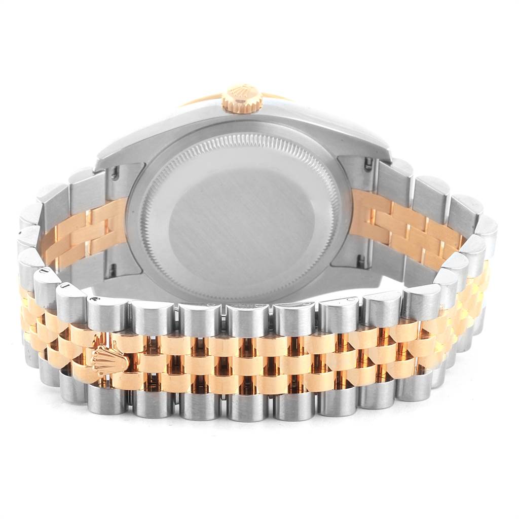 This image shows the back case and bracelet of the Rolex Datejust 116243 Men's Stainless Steel Black Dial 116243 Men's Stainless Steel Black Dial watch in a steel and gold combination.