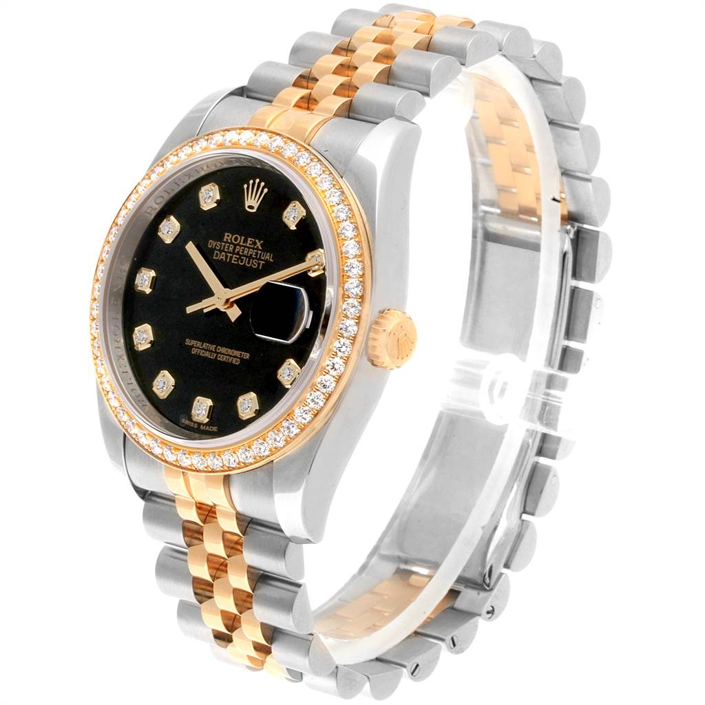 This image shows a side angle of a Rolex Datejust 116243 Men's Stainless Steel Black Dial 116243 Men's Stainless Steel Black Dial watch, highlighting the bezel, dial, crown, and two-tone bracelet.