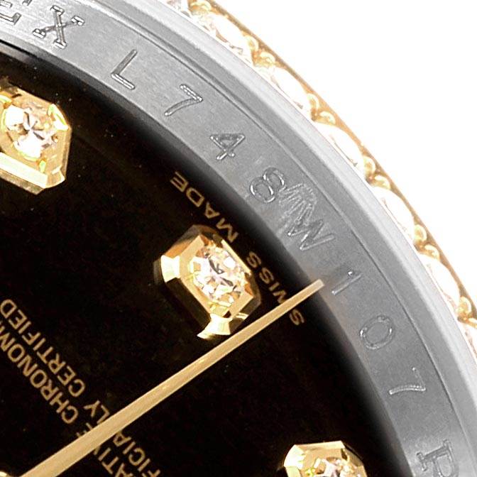 The image shows a close-up of the Rolex Datejust 116243 Men's Stainless Steel Black Dial 116243 Men's Stainless Steel Black Dial dial, focusing on the bezel and diamond markers.