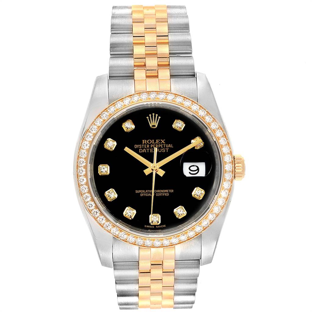 The image shows a front view of a Rolex Datejust 116243 Men's Stainless Steel Black Dial 116243 Men's Stainless Steel Black Dial watch, highlighting its black dial, diamond hour markers, and two-tone bracelet.