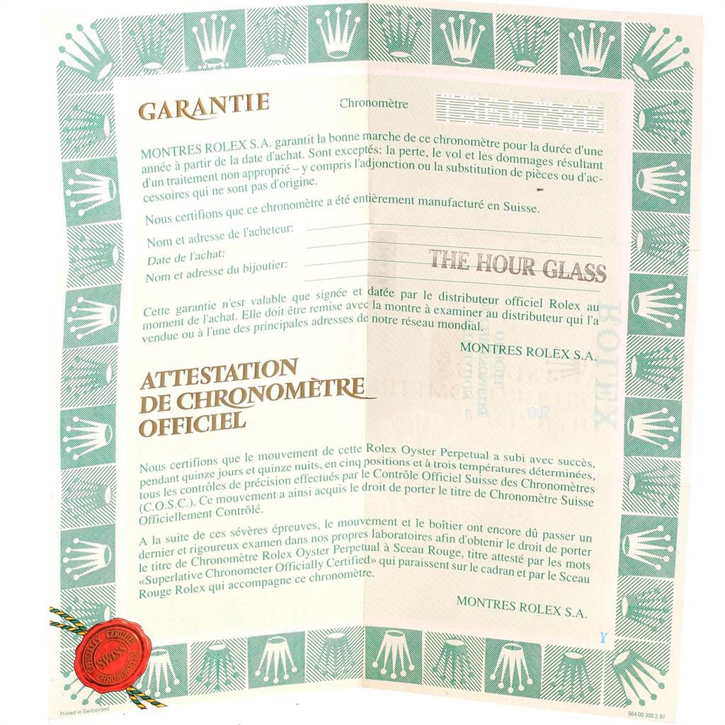 The image shows a warranty certificate and official chronometer certification for a Rolex Datejust 16234 Men
s Stainless Steel Pink Dial 16234 Men
s Stainless Steel Pink Dial.