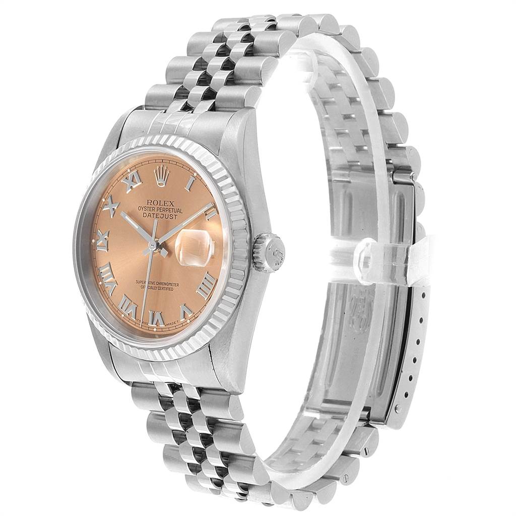 The Rolex Datejust 16234 Men
s Stainless Steel Pink Dial 16234 Men
s Stainless Steel Pink Dial watch is pictured at a three-quarter angle, displaying its dial, bezel, bracelet, and crown.