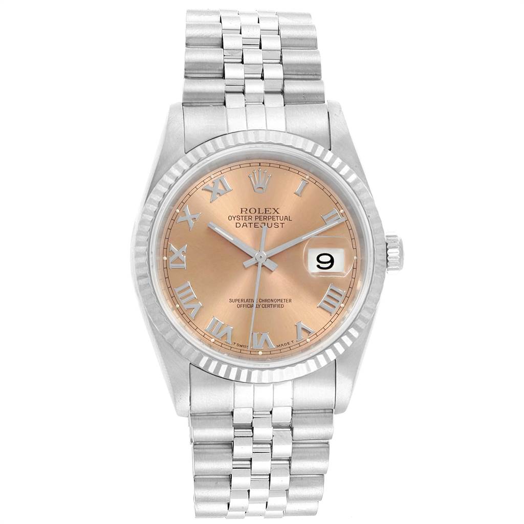 This image shows a front view of a Rolex Datejust 16234 Men
s Stainless Steel Pink Dial 16234 Men
s Stainless Steel Pink Dial watch, highlighting its dial, bezel, and bracelet.