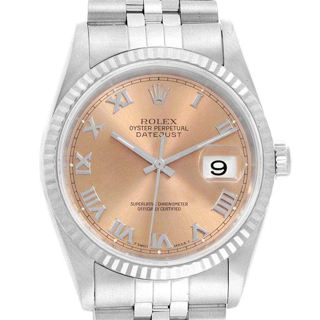 This Rolex Datejust 16234 Men
s Stainless Steel Pink Dial 16234 Men
s Stainless Steel Pink Dial watch is shown from a straight-on angle, highlighting the face, bezel, crown, and part of the bracelet.